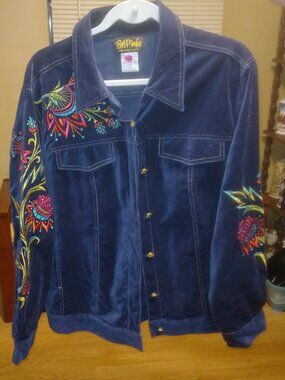 Bob Mackie Wearable Art 1X Navy Blue Velvet Floral Embroidered Jacket